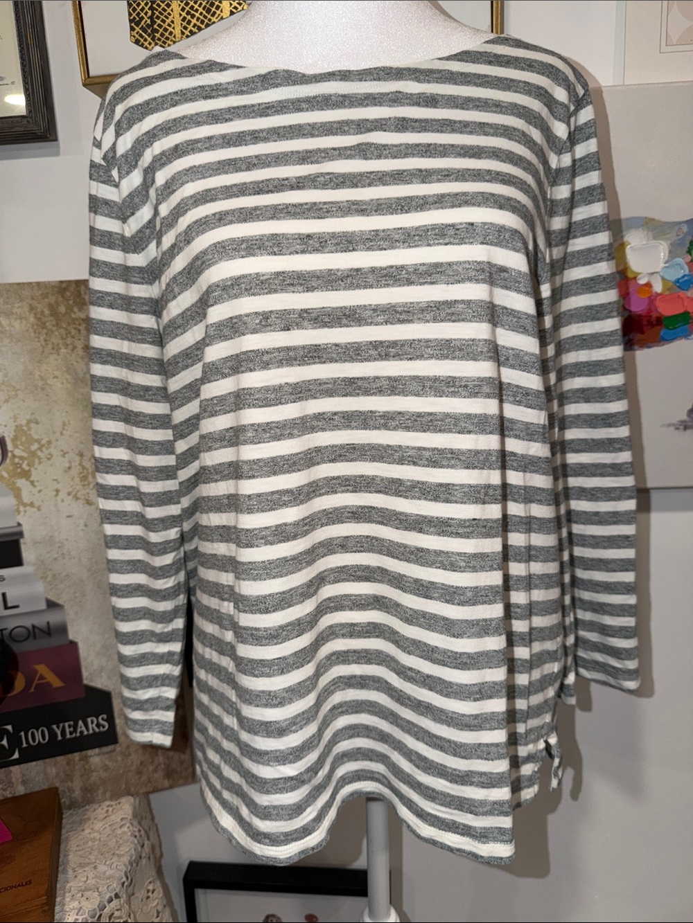 J. Crew Gray & White Striped Boatneck transitional blouse